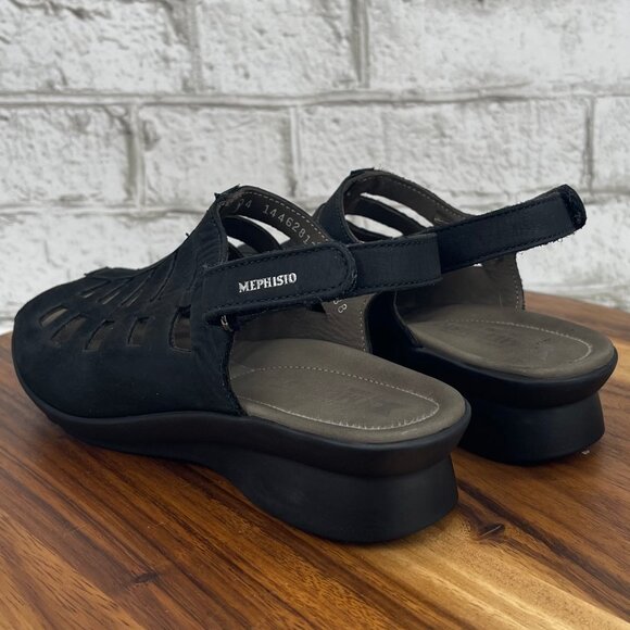 Mephisto Air Relax Womens 7/38 Black Leather Trapezoid Wedge Comfort Sandals - Picture 3 of 13